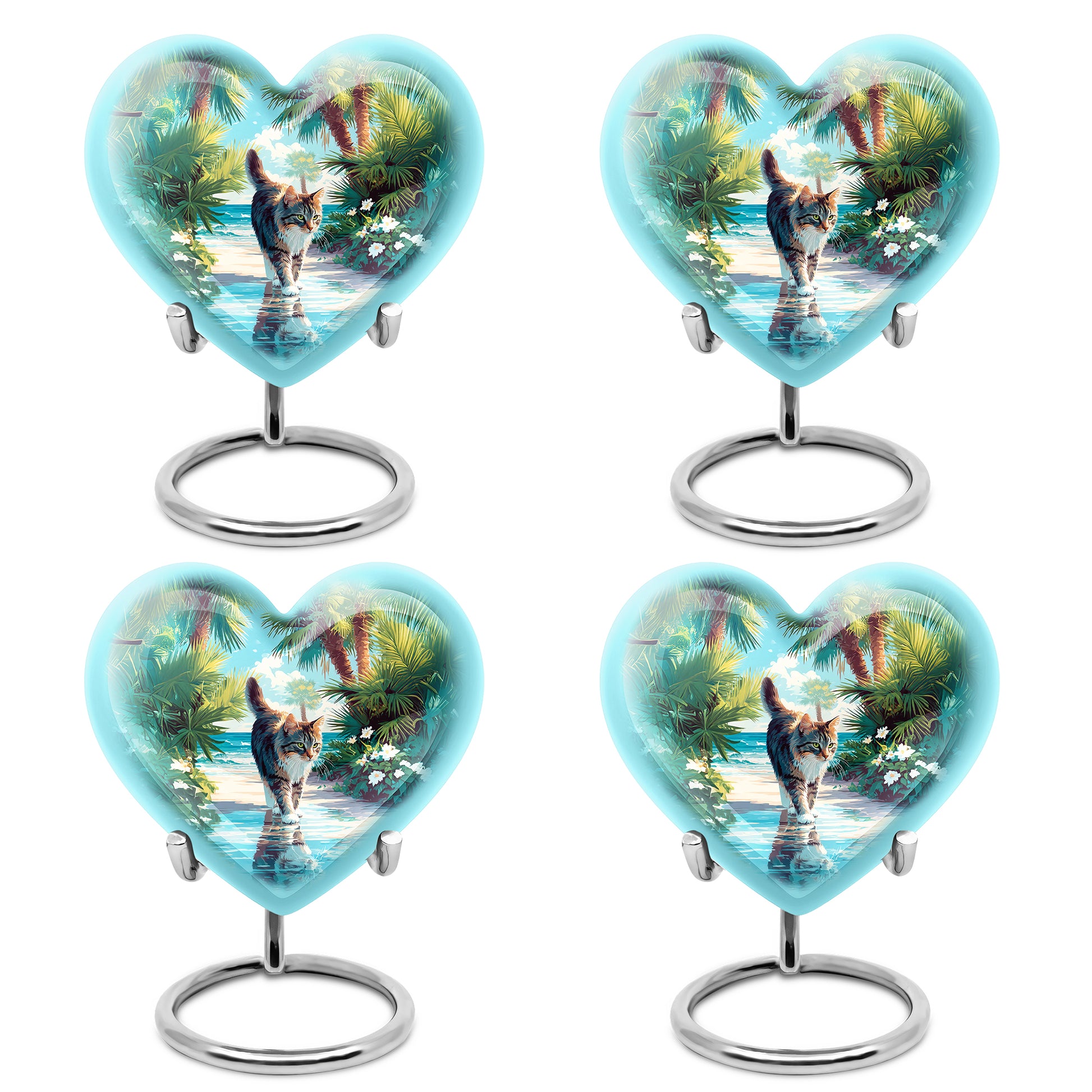 Ocean Teal Cat Cremation Urn angled view of lid and engraved motif - heart-shaped cat design symbolizing eternal love - 10 inch aluminum urn for cremated remains