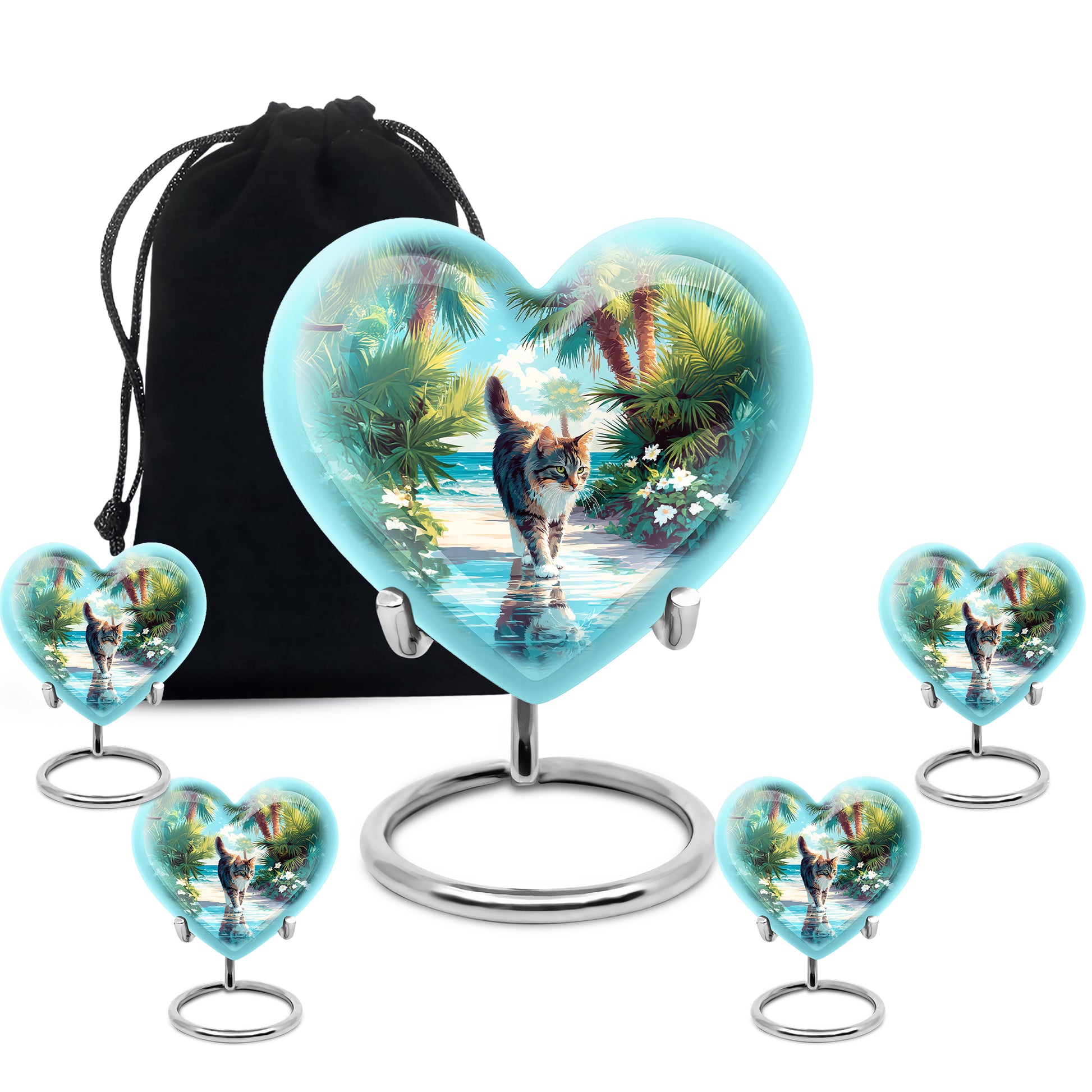 Jewel Teal Cat Cremation Urn close-up of engraving and surface detail - heart-shaped cat design symbolizing eternal love - memorial set with one large and four small urns