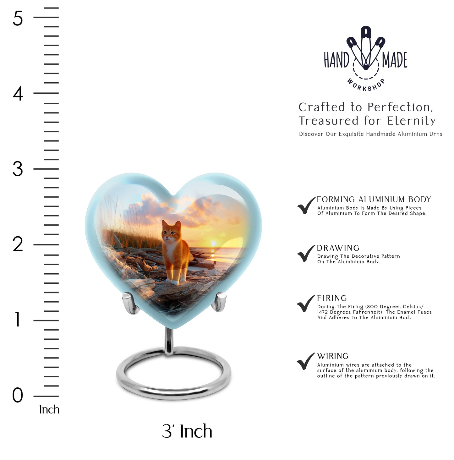 Steel Blue Cat Cremation Urn front view showing detailed design - compassionate heart-cat combination with gentle curves - mini keepsake memorial for portion of cremation ashes