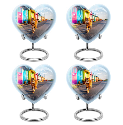 Soft Teal Cat Cremation Urn angled view of lid and engraved motif - heart-shaped cat design symbolizing eternal love - 10 inch aluminum urn for cremated remains