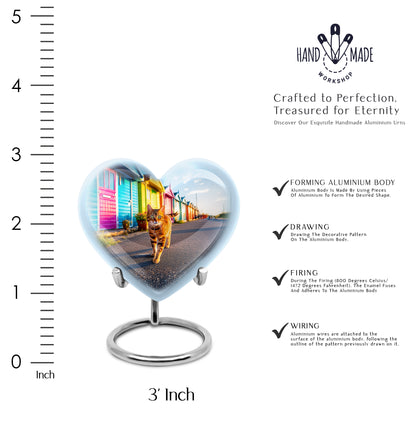 Vivid Teal Cat Cremation Urn front view showing detailed design - compassionate heart-cat combination with gentle curves - mini keepsake memorial for portion of cremation ashes