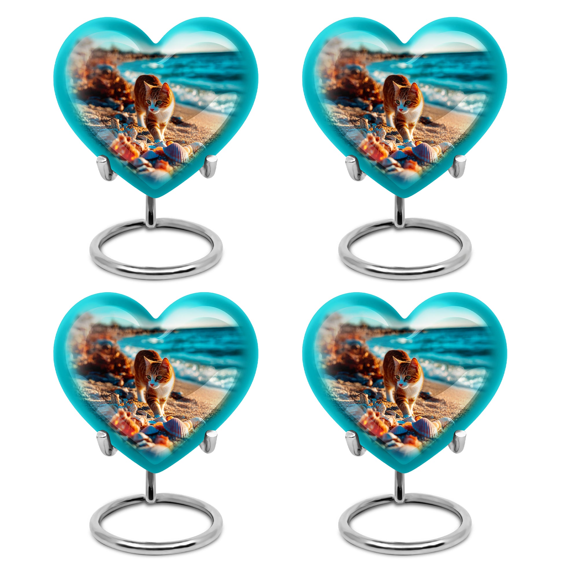 Tropical Teal Cat Cremation Urn angled view of lid and engraved motif - romantic heart urn with cat motif on aluminum - 10 inch aluminum urn for cremated remains