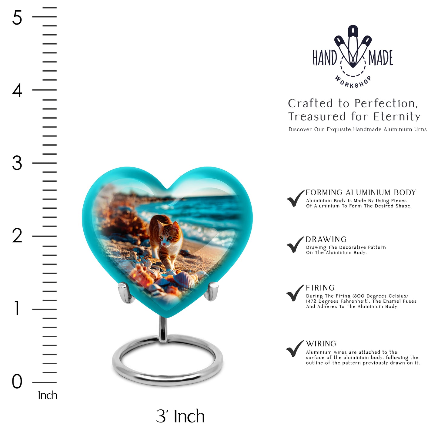 Mystic Teal Cat Cremation Urn front view showing detailed design - compassionate heart-cat combination with gentle curves - mini keepsake memorial for portion of cremation ashes