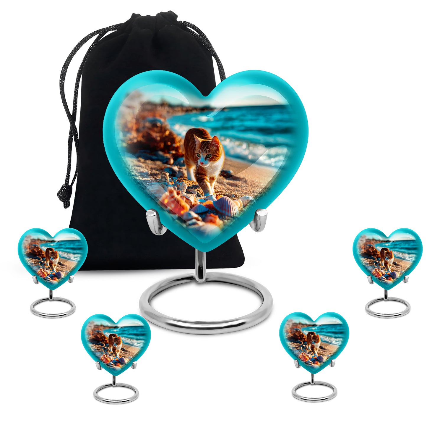 Jewel Teal Cat Cremation Urn close-up of engraving and surface detail - heart-shaped cat design symbolizing eternal love - memorial set with one large and four small urns