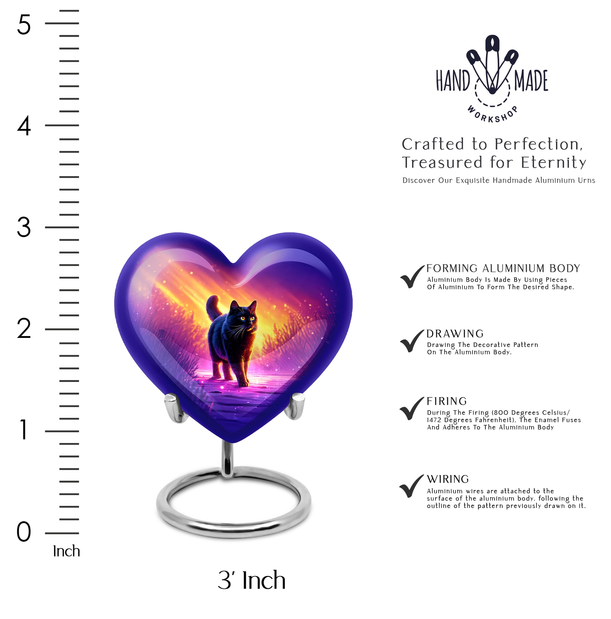 Peony Pink Cat Cremation Urn front view showing detailed design - heart-shaped cat design symbolizing eternal love - mini keepsake memorial for portion of cremation ashes