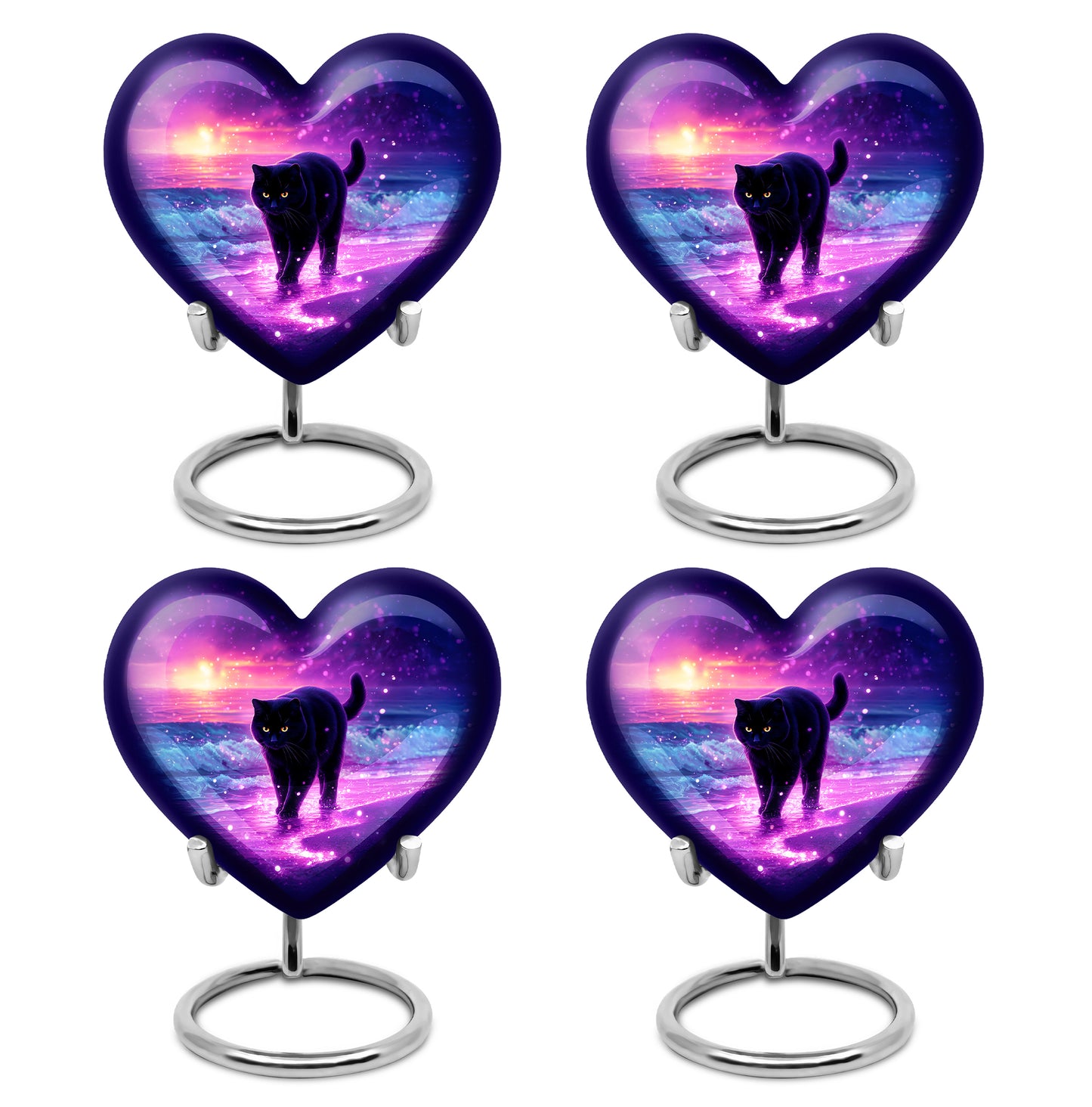 Twilight Purple Cat Cremation Urn angled view of lid and engraved motif - compassionate heart-cat combination with gentle curves - 10 inch aluminum urn for cremated remains