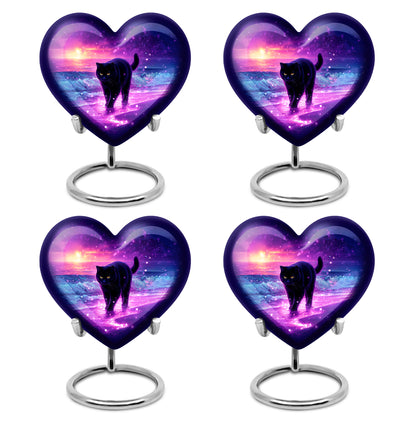 Twilight Purple Cat Cremation Urn angled view of lid and engraved motif - compassionate heart-cat combination with gentle curves - 10 inch aluminum urn for cremated remains