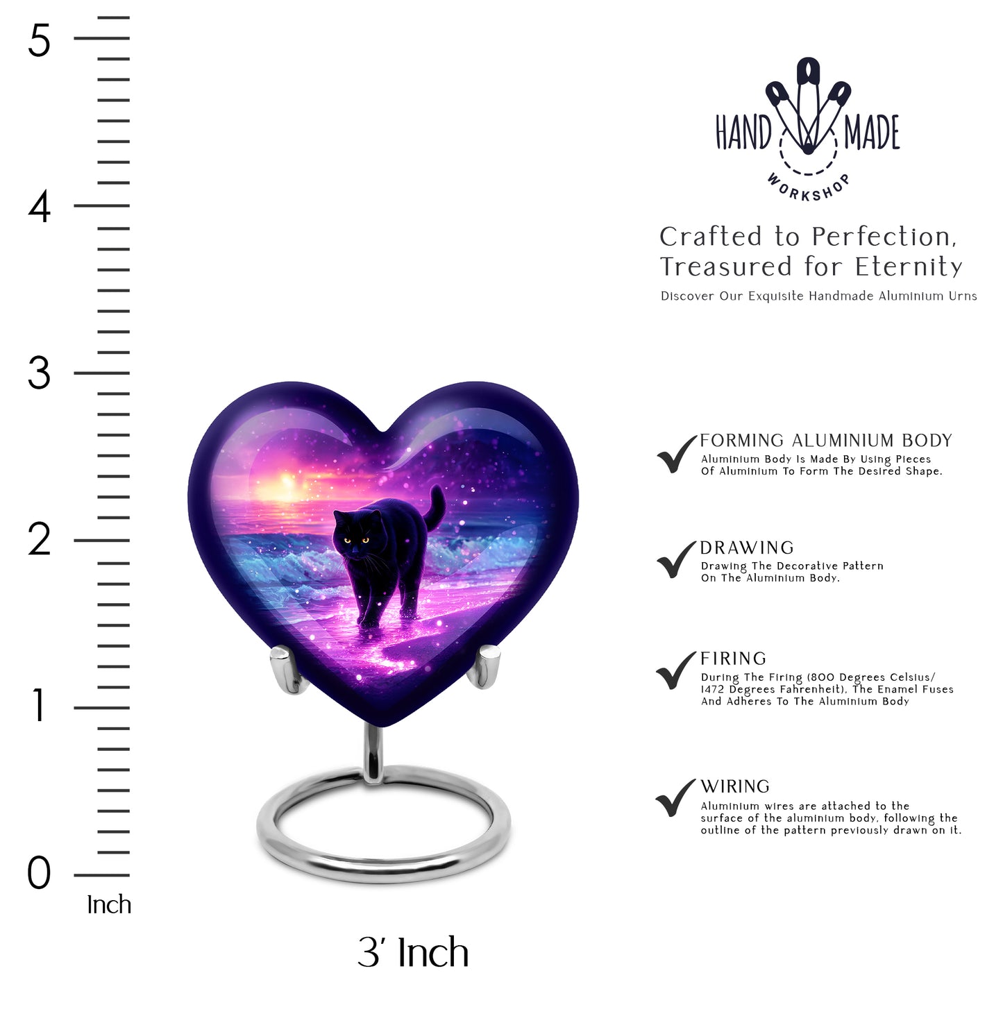 Majestic Purple Cat Cremation Urn front view showing detailed design - loving heart memorial featuring cat pattern - mini keepsake memorial for portion of cremation ashes