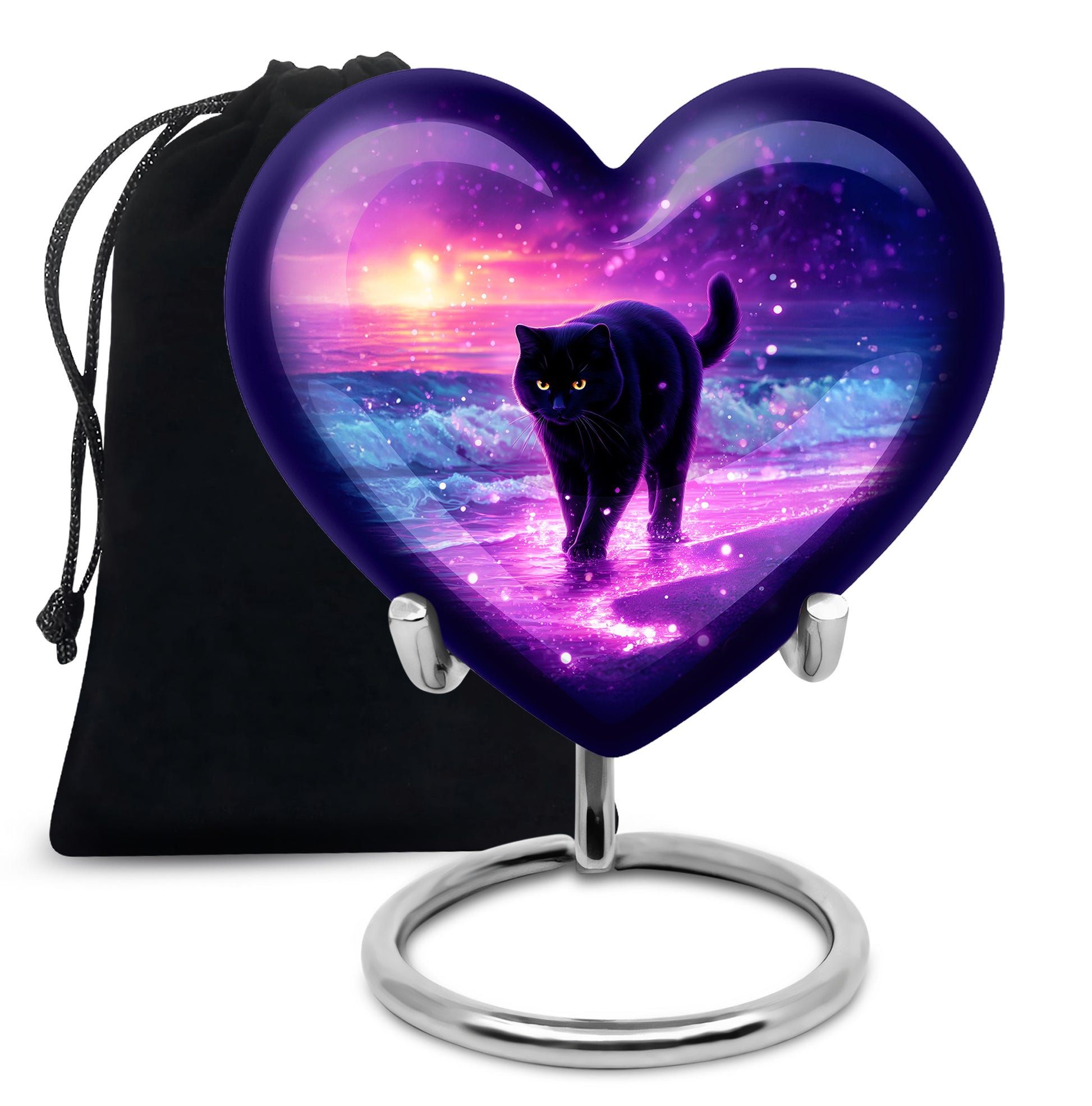 Lavender Purple Cat Cremation Urn detail view - compassionate heart-cat combination with gentle curves - full-size 10 inch 200 cubic inch adult cremation urn