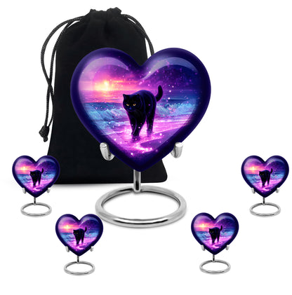 Royal Purple Cat Cremation Urn close-up of engraving and surface detail - romantic heart urn with cat motif on aluminum - memorial set with one large and four small urns