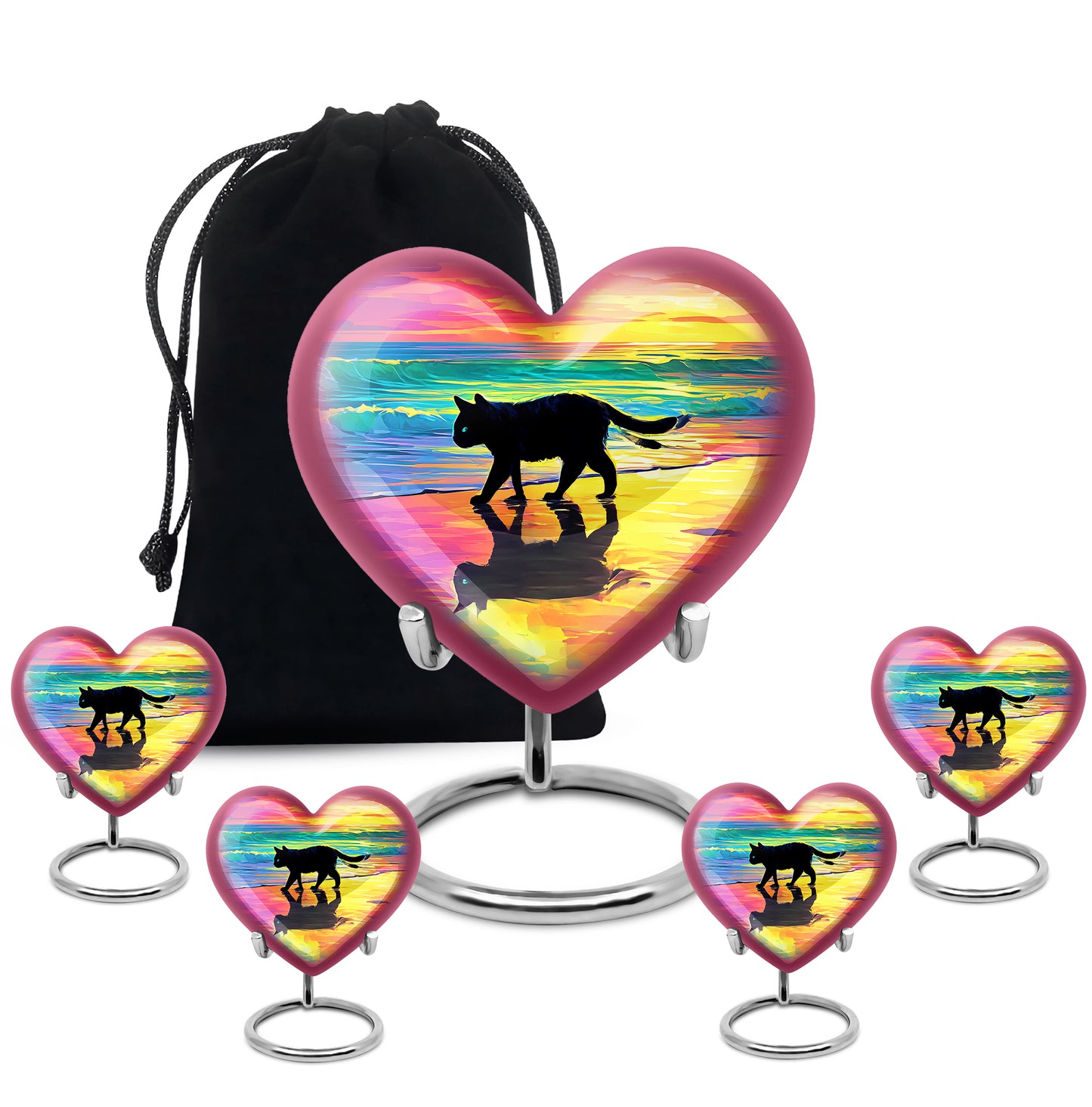 Wine Red Cat Cremation Urn close-up of engraving and surface detail - heart-shaped cat design symbolizing eternal love - memorial set with one large and four small urns