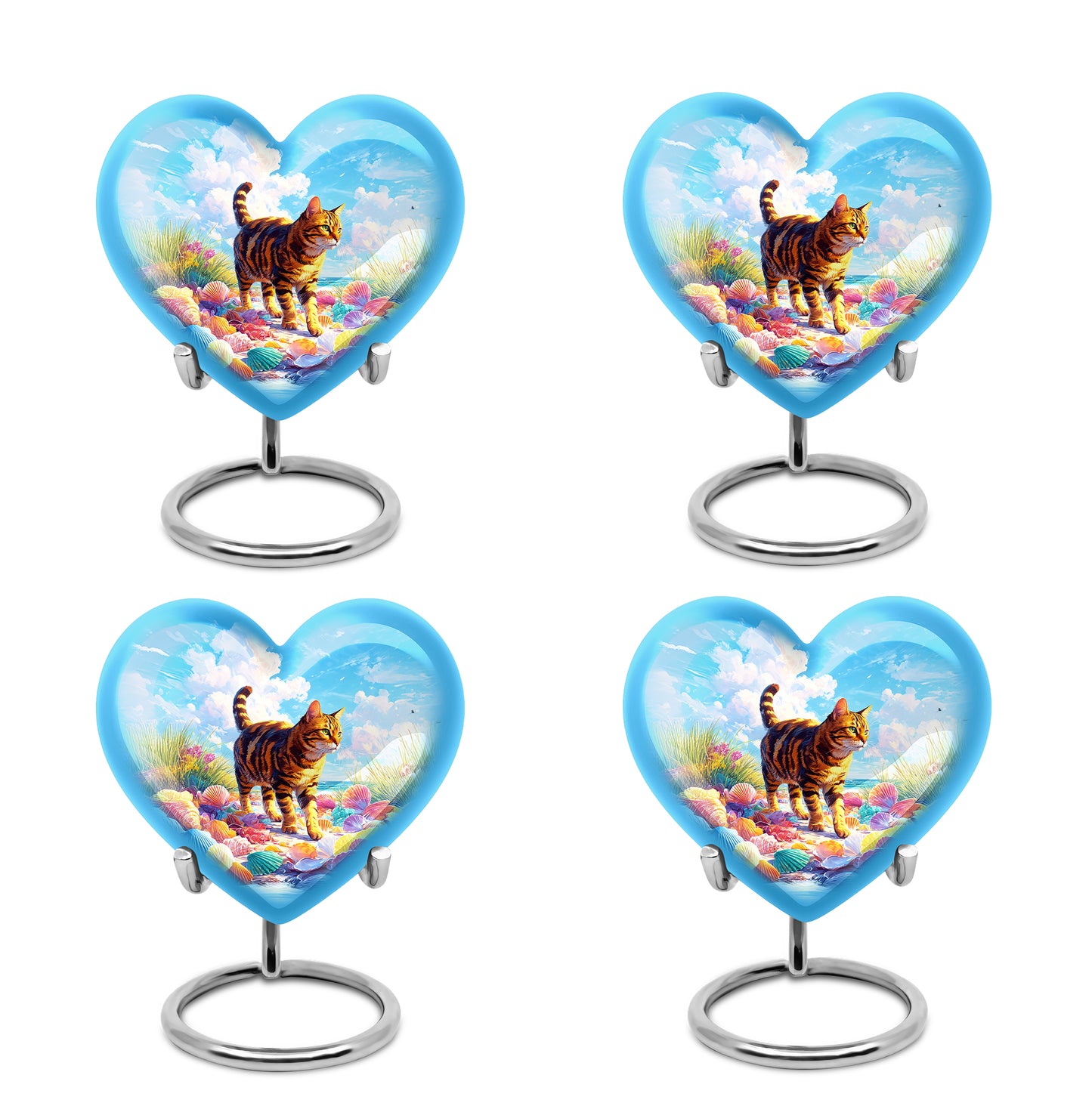 Indigo Cat Cremation Urn angled view of lid and engraved motif - heart-shaped cat design symbolizing eternal love - 10 inch aluminum urn for cremated remains