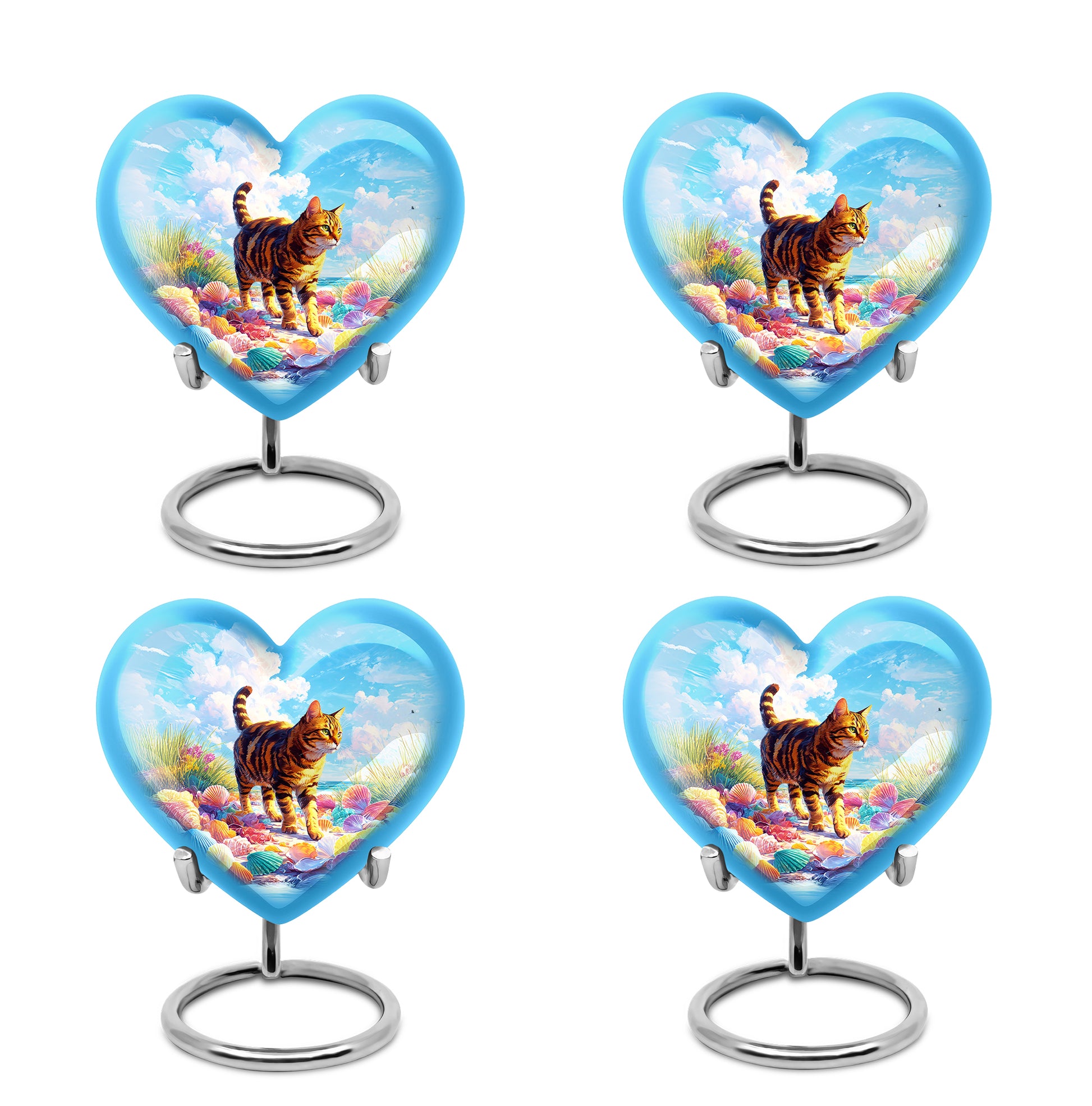 Indigo Cat Cremation Urn angled view of lid and engraved motif - heart-shaped cat design symbolizing eternal love - 10 inch aluminum urn for cremated remains