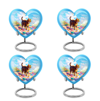 Indigo Cat Cremation Urn angled view of lid and engraved motif - heart-shaped cat design symbolizing eternal love - 10 inch aluminum urn for cremated remains