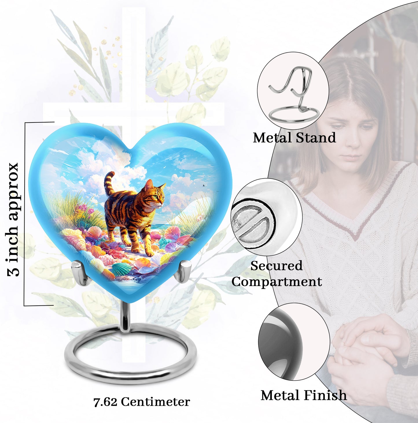 Bright Blue Cat Cremation Urn front view showing detailed design - compassionate heart-cat combination with gentle curves - mini keepsake memorial for portion of cremation ashes