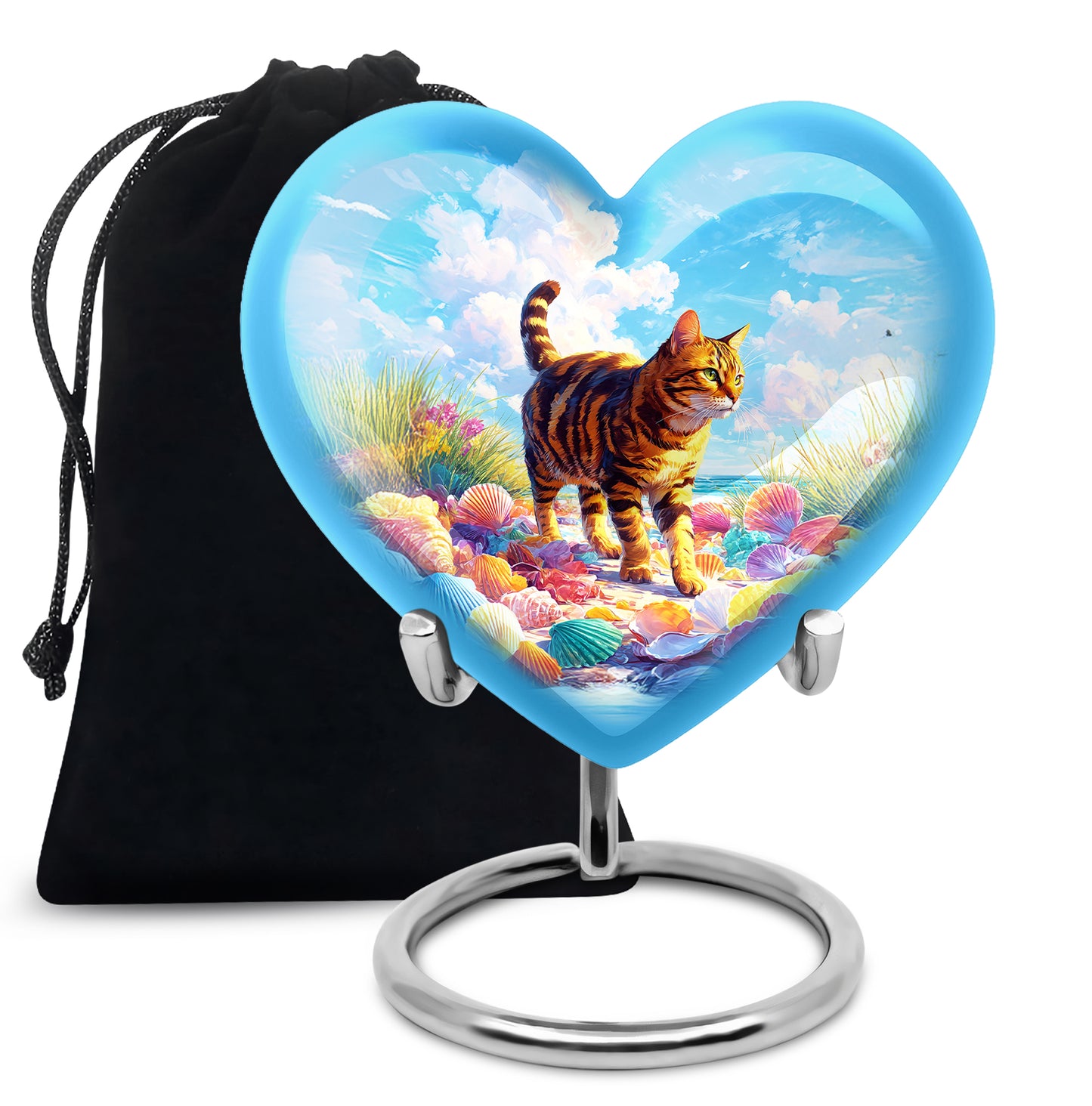 Sapphire Blue Cat Cremation Urn detail view - compassionate heart-cat combination with gentle curves - full-size 10 inch 200 cubic inch adult cremation urn