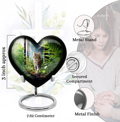 Onyx Black Cat Cremation Urn front view showing detailed design - romantic heart urn with cat motif on aluminum - mini keepsake memorial for portion of cremation ashes