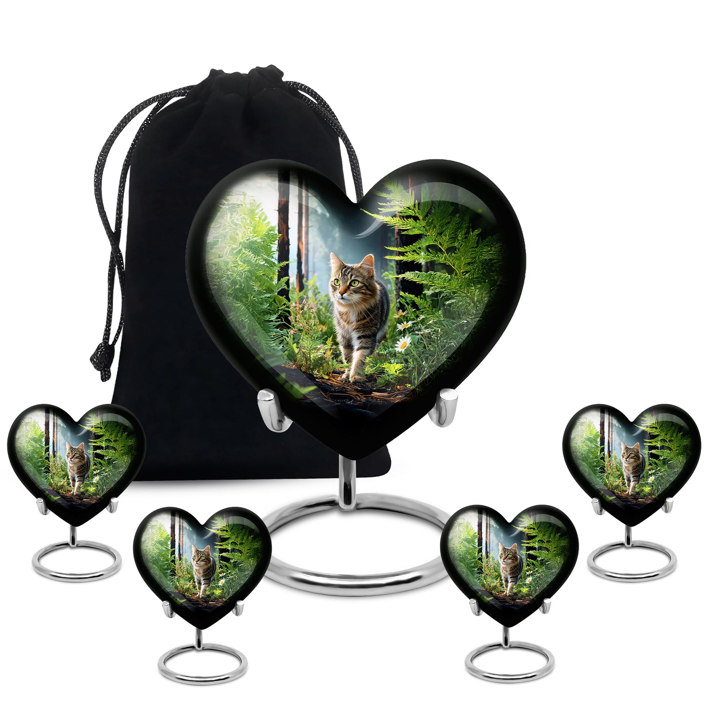 Obsidian Black Cat Cremation Urn close-up of engraving and surface detail - romantic heart urn with cat motif on aluminum - memorial set with one large and four small urns