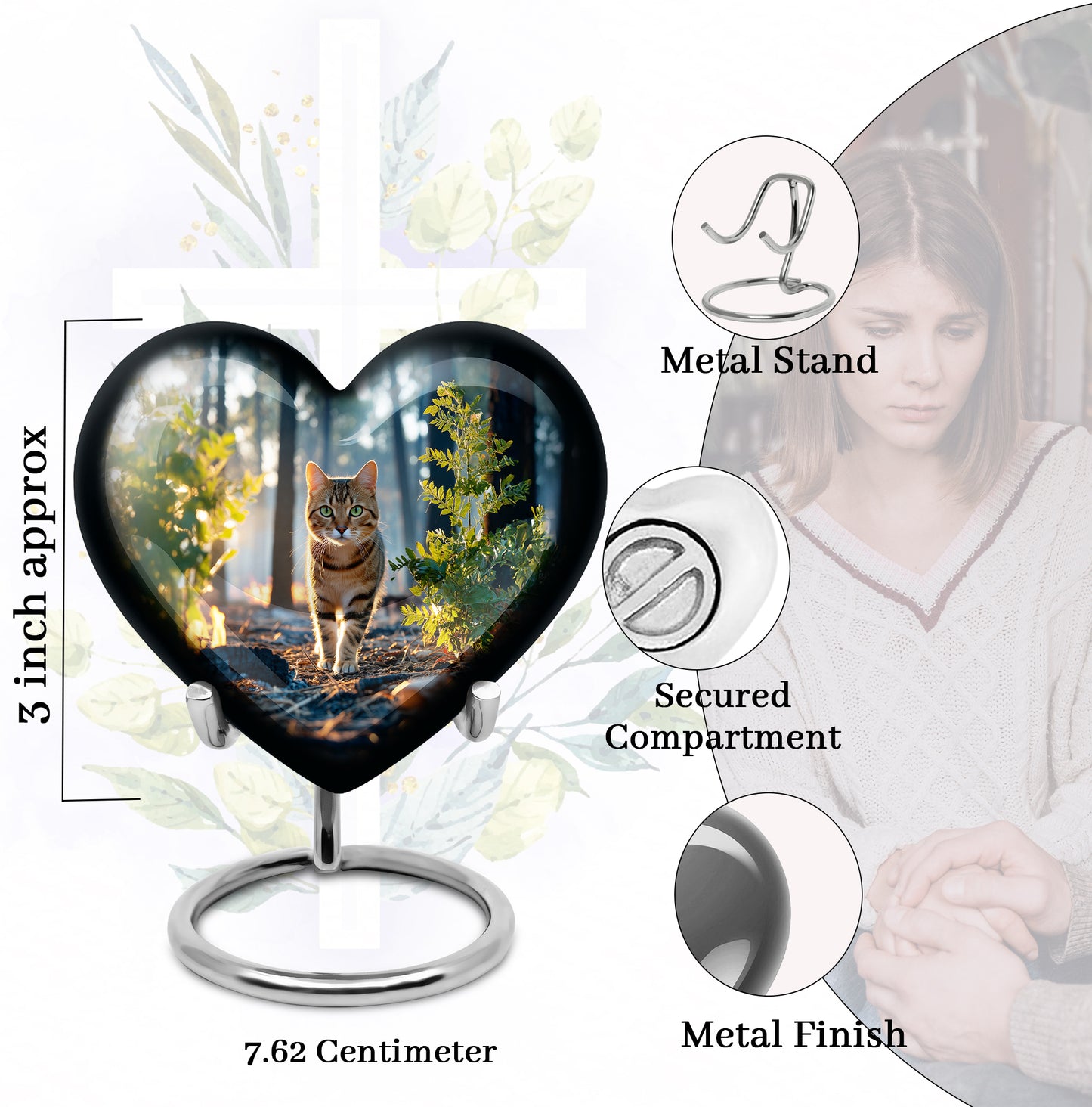 Calming Blue Cat Cremation Urn front view showing detailed design - romantic heart urn with cat motif on aluminum - mini keepsake memorial for portion of cremation ashes