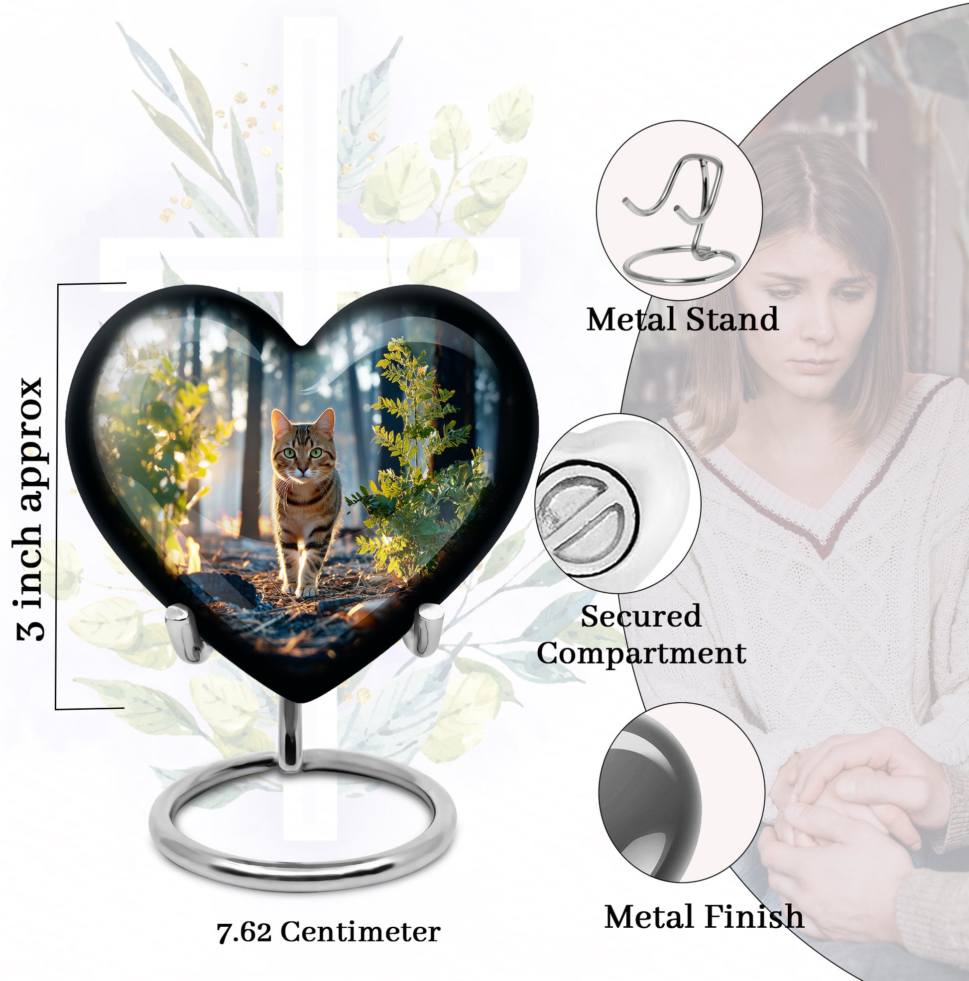 Calming Blue Cat Cremation Urn front view showing detailed design - romantic heart urn with cat motif on aluminum - mini keepsake memorial for portion of cremation ashes