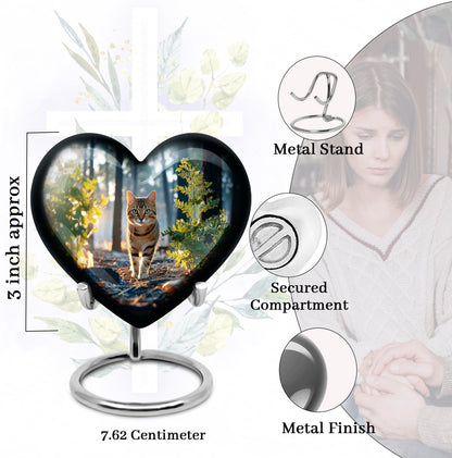 Calming Blue Cat Cremation Urn front view showing detailed design - romantic heart urn with cat motif on aluminum - mini keepsake memorial for portion of cremation ashes