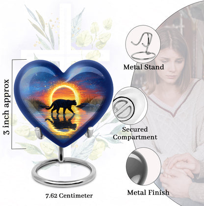 Navy Blue Cat Cremation Urn front view showing detailed design - heart-shaped cat design symbolizing eternal love - mini keepsake memorial for portion of cremation ashes