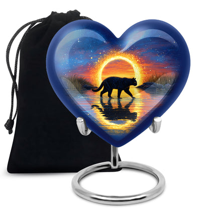 Royal Blue Cat Cremation Urn detail view - compassionate heart-cat combination with gentle curves - full-size 10 inch 200 cubic inch adult cremation urn