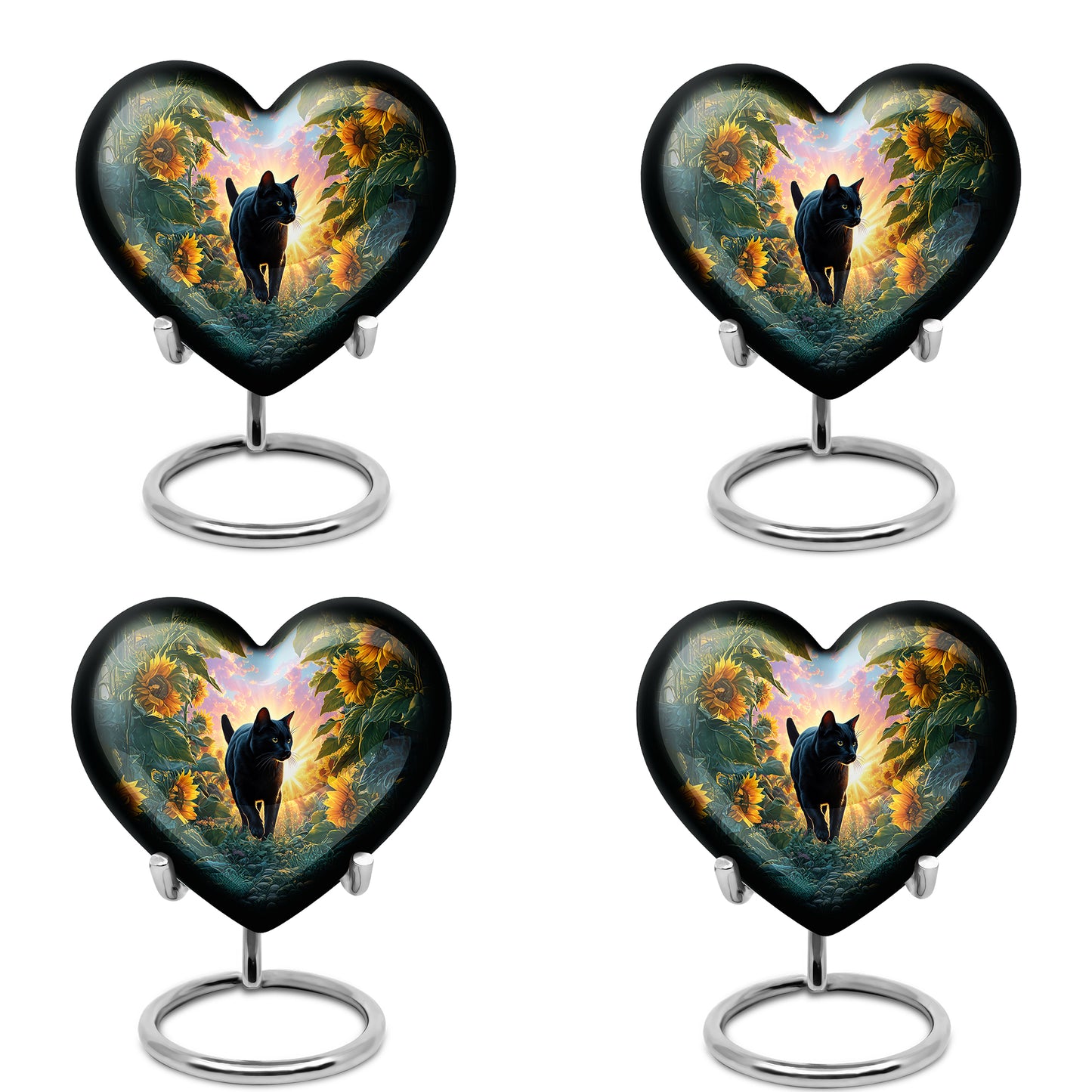 Celestial Blue Cat Cremation Urn angled view of lid and engraved motif - loving heart memorial featuring cat pattern - 10 inch aluminum urn for cremated remains