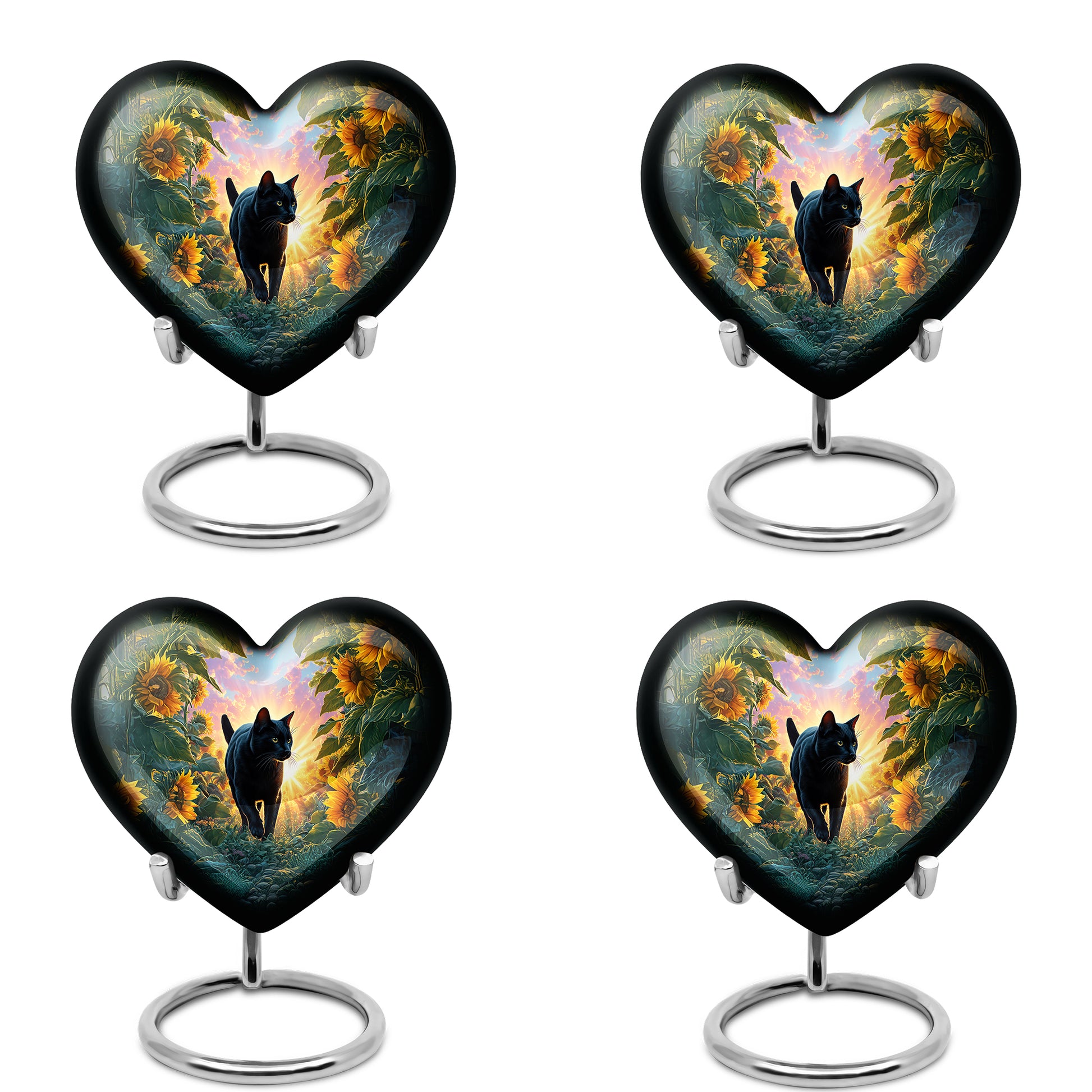 Celestial Blue Cat Cremation Urn angled view of lid and engraved motif - loving heart memorial featuring cat pattern - 10 inch aluminum urn for cremated remains