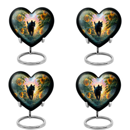 Celestial Blue Cat Cremation Urn angled view of lid and engraved motif - loving heart memorial featuring cat pattern - 10 inch aluminum urn for cremated remains