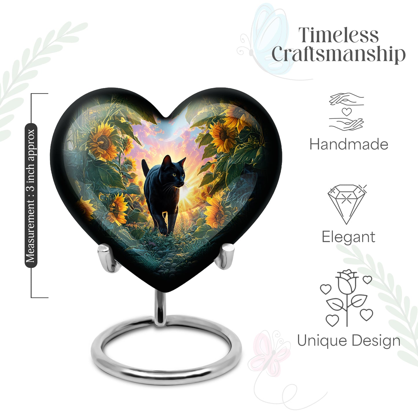 Steel Blue Cat Cremation Urn front view showing detailed design - romantic heart urn with cat motif on aluminum - mini keepsake memorial for portion of cremation ashes