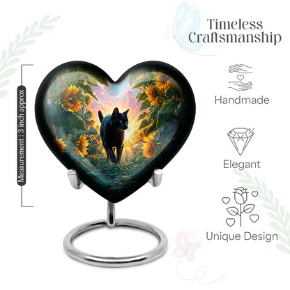Steel Blue Cat Cremation Urn front view showing detailed design - romantic heart urn with cat motif on aluminum - mini keepsake memorial for portion of cremation ashes