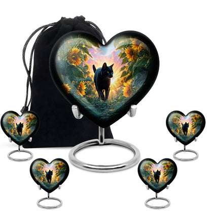 Misty Blue Cat Cremation Urn close-up of engraving and surface detail - heart-shaped cat design symbolizing eternal love - memorial set with one large and four small urns