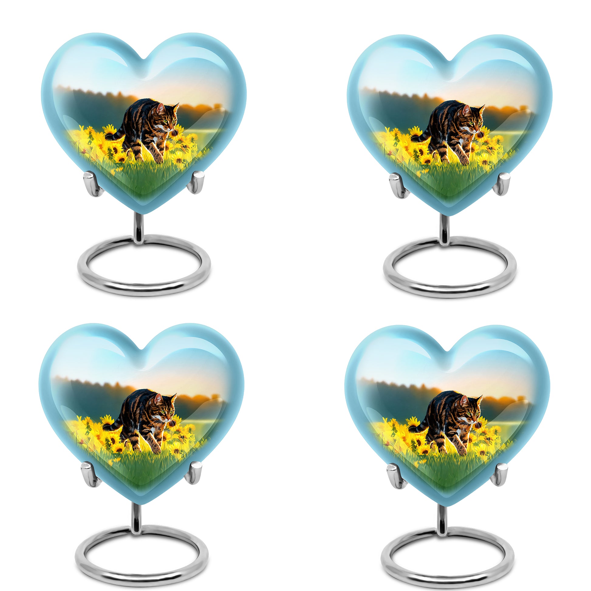 Vivid Teal Cat Cremation Urn angled view of lid and engraved motif - romantic heart urn with cat motif on aluminum - 10 inch aluminum urn for cremated remains