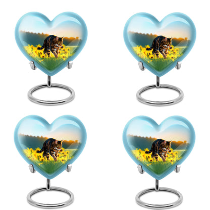 Vivid Teal Cat Cremation Urn angled view of lid and engraved motif - romantic heart urn with cat motif on aluminum - 10 inch aluminum urn for cremated remains