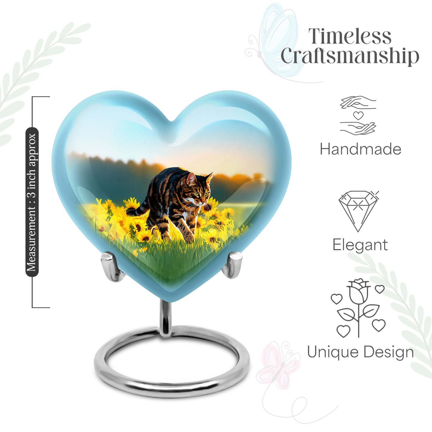 Cool Teal Cat Cremation Urn front view showing detailed design - loving heart memorial featuring cat pattern - mini keepsake memorial for portion of cremation ashes