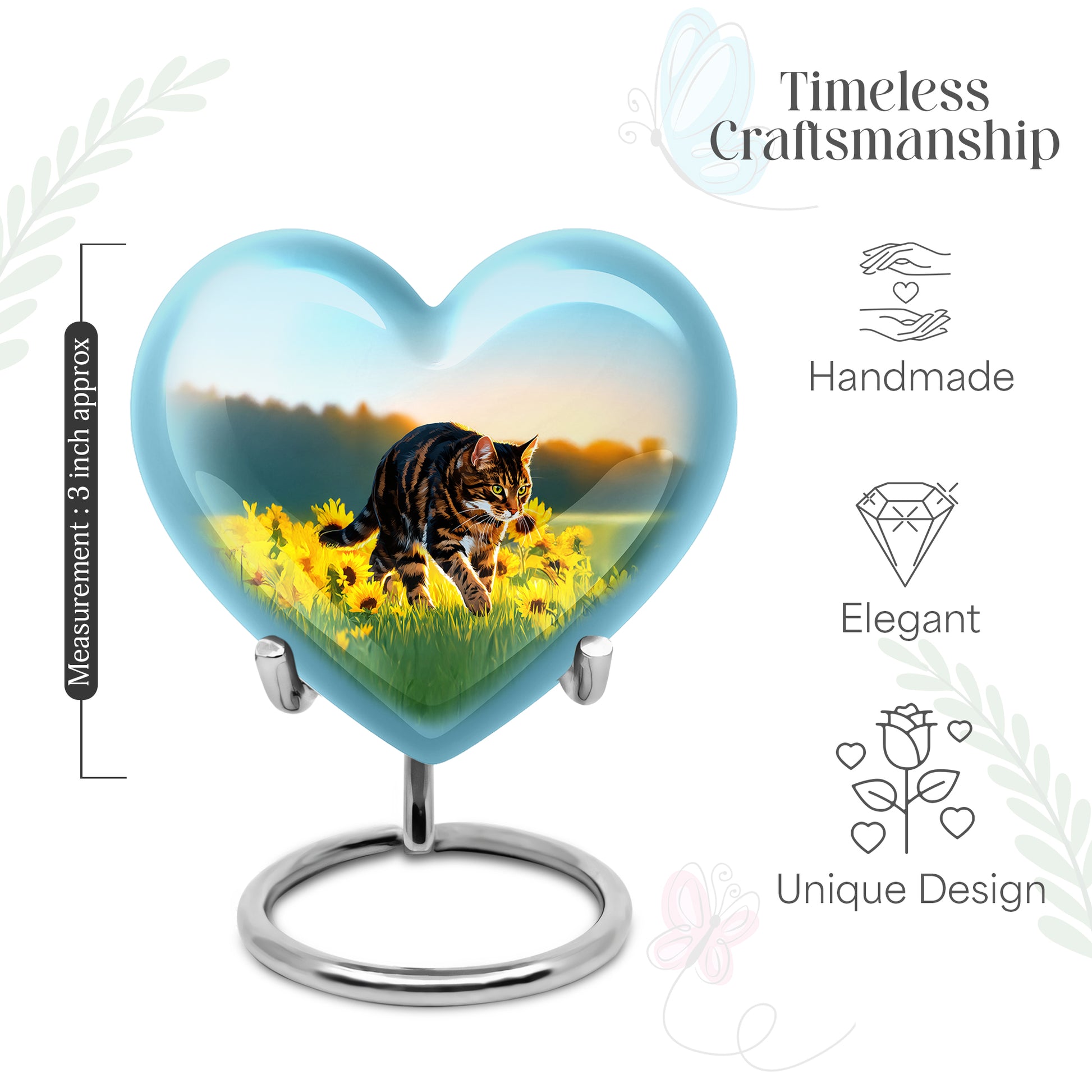 Cool Teal Cat Cremation Urn front view showing detailed design - loving heart memorial featuring cat pattern - mini keepsake memorial for portion of cremation ashes