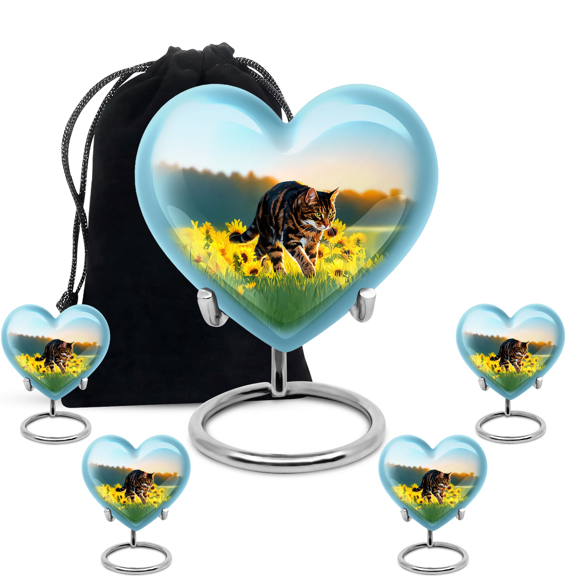 Tropical Teal Cat Cremation Urn close-up of engraving and surface detail - compassionate heart-cat combination with gentle curves - memorial set with one large and four small urns
