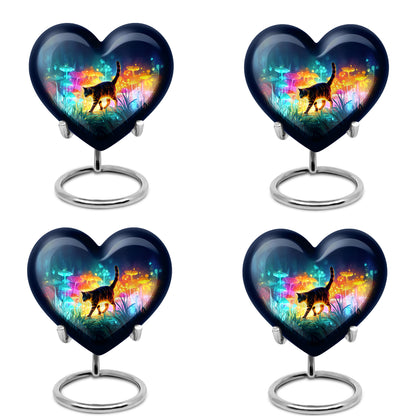 Sapphire Blue Cat Cremation Urn angled view of lid and engraved motif - romantic heart urn with cat motif on aluminum - 10 inch aluminum urn for cremated remains
