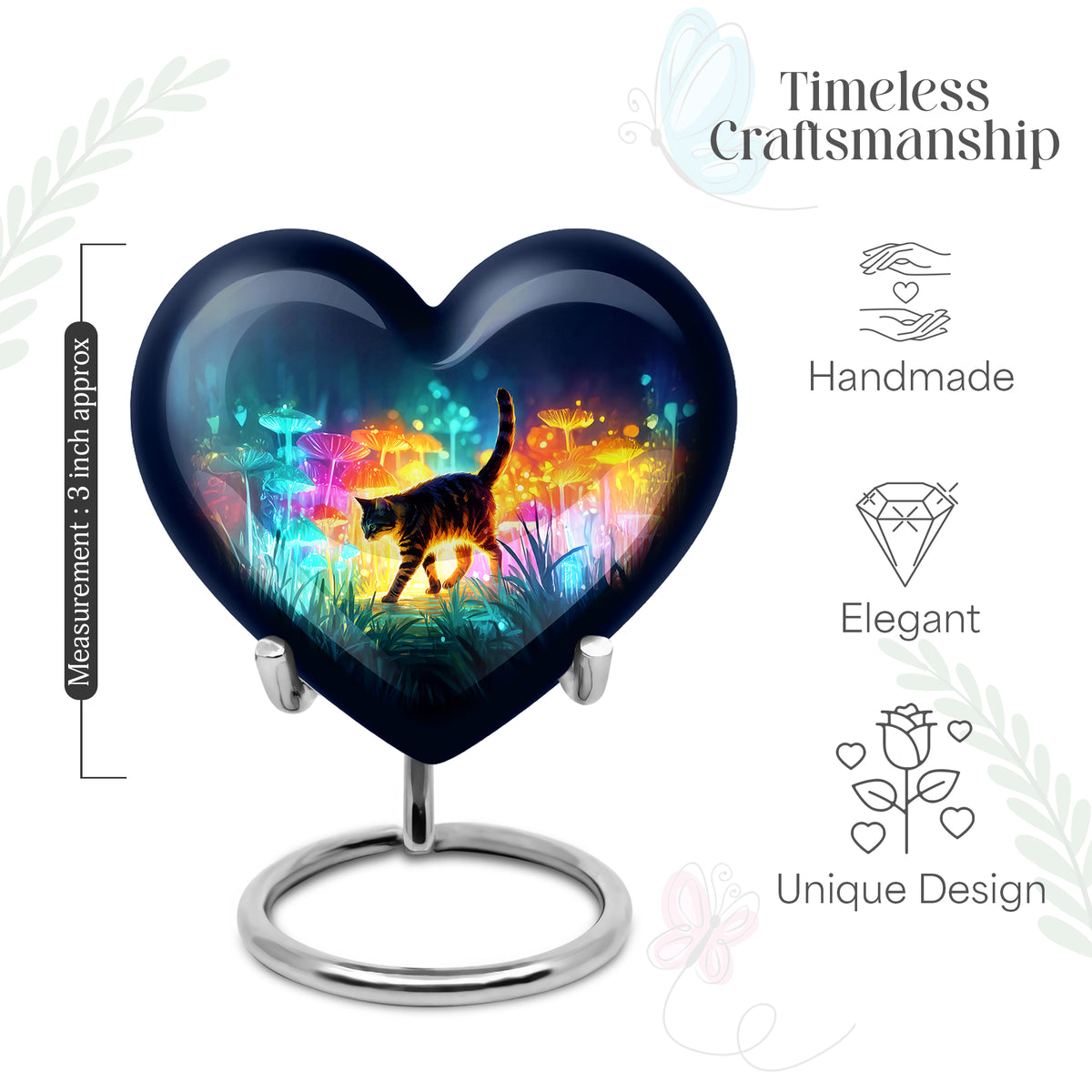 Sapphire Blue Cat Cremation Urn front view showing detailed design - compassionate heart-cat combination with gentle curves - mini keepsake memorial for portion of cremation ashes