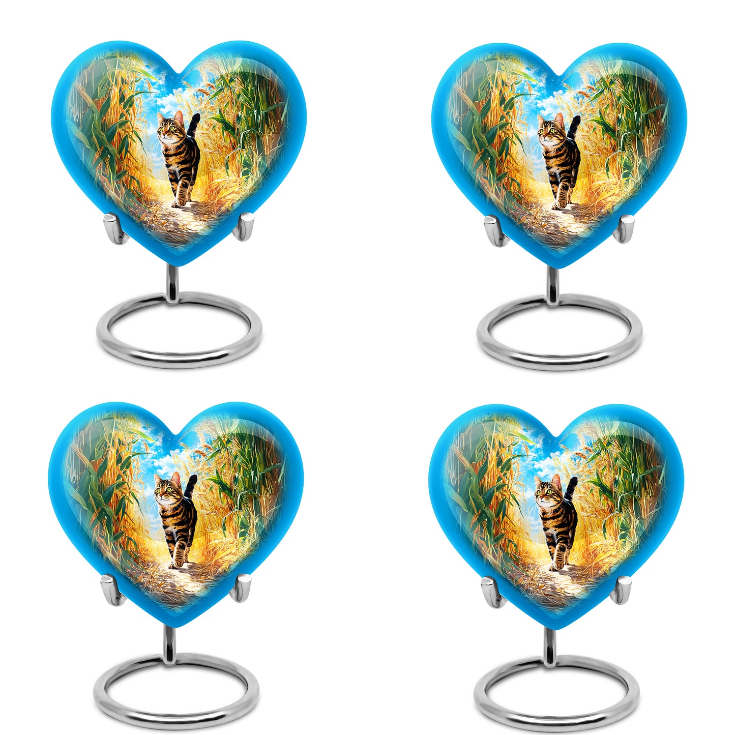 Vivid Teal Cat Cremation Urn angled view of lid and engraved motif - romantic heart urn with cat motif on aluminum - 10 inch aluminum urn for cremated remains