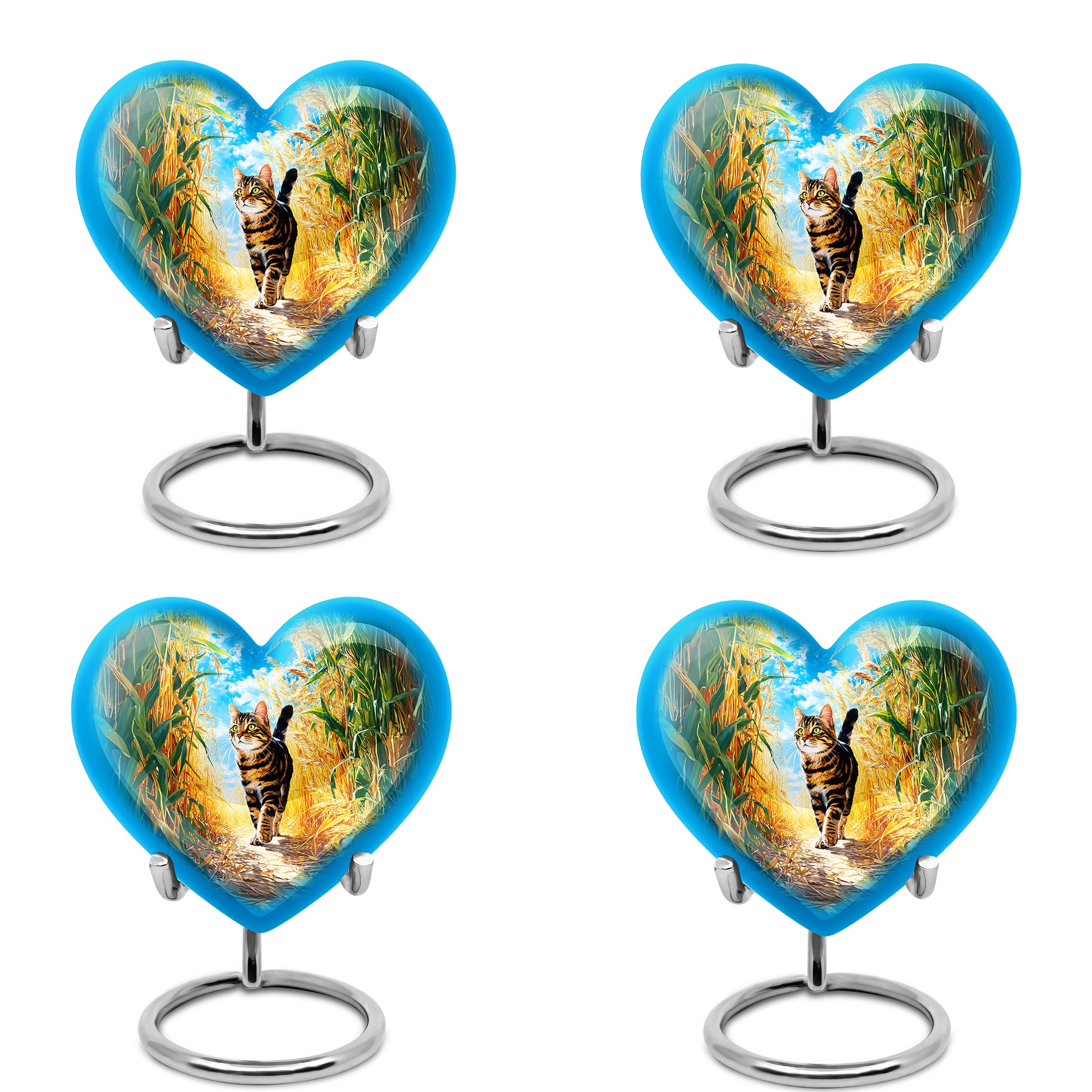 Vivid Teal Cat Cremation Urn angled view of lid and engraved motif - romantic heart urn with cat motif on aluminum - 10 inch aluminum urn for cremated remains