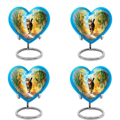 Vivid Teal Cat Cremation Urn angled view of lid and engraved motif - romantic heart urn with cat motif on aluminum - 10 inch aluminum urn for cremated remains