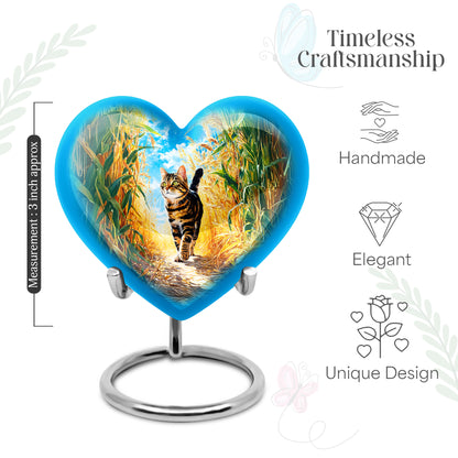 Jewel Teal Cat Cremation Urn front view showing detailed design - loving heart memorial featuring cat pattern - mini keepsake memorial for portion of cremation ashes