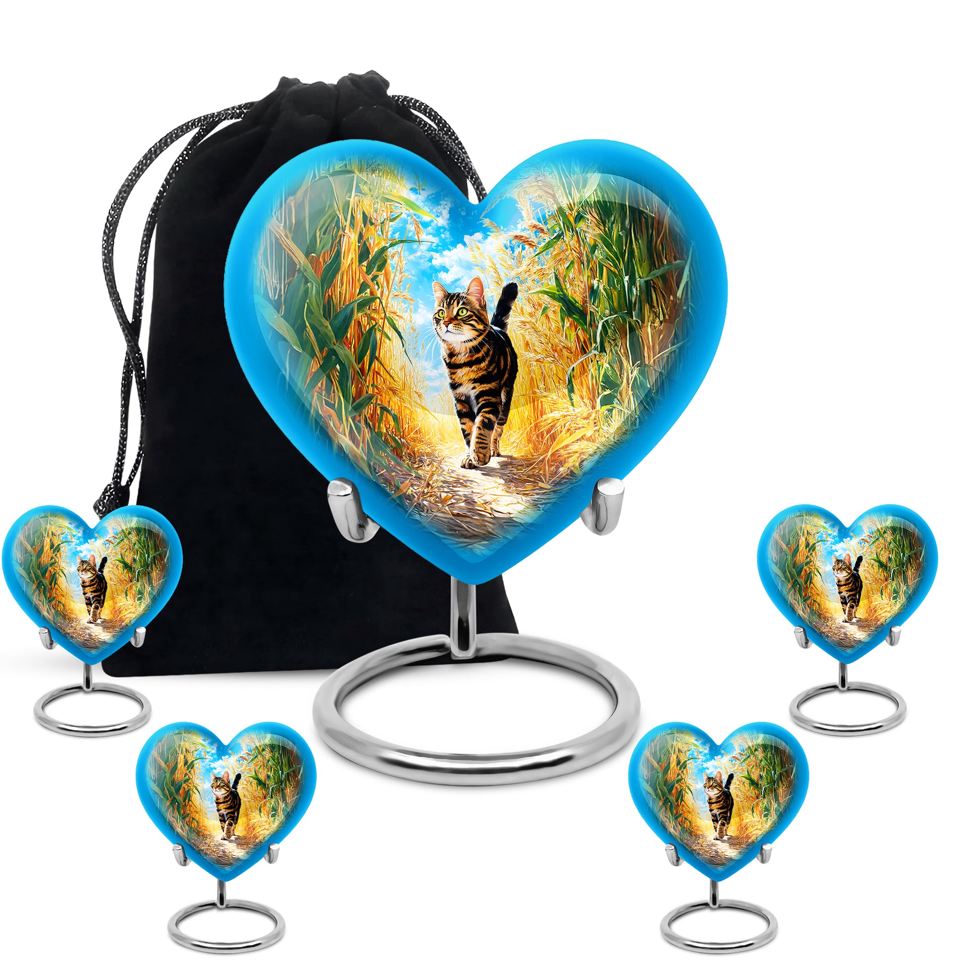 Jewel Teal Cat Cremation Urn close-up of engraving and surface detail - loving heart memorial featuring cat pattern - memorial set with one large and four small urns