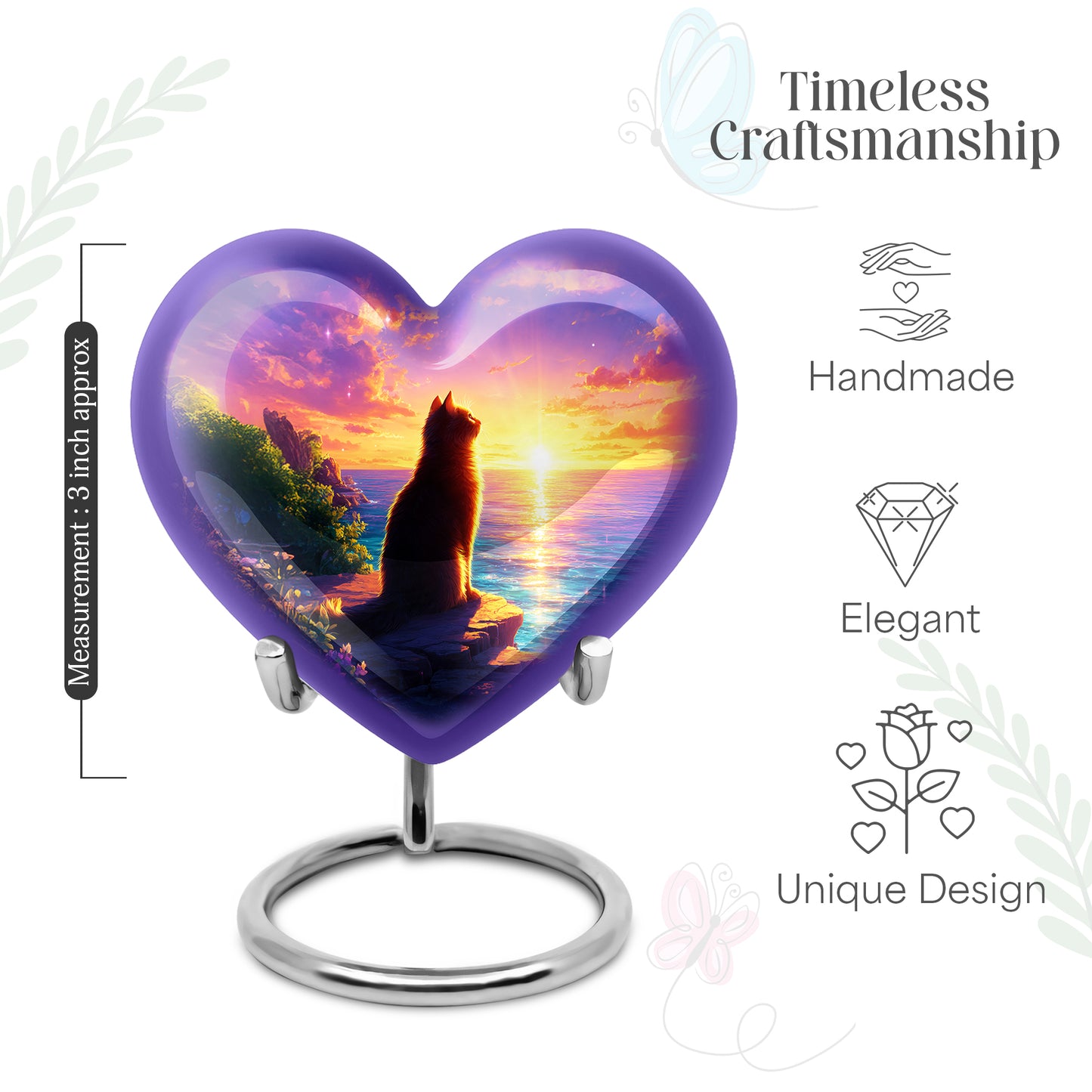 Petal Pink Cat Cremation Urn front view showing detailed design - compassionate heart-cat combination with gentle curves - mini keepsake memorial for portion of cremation ashes