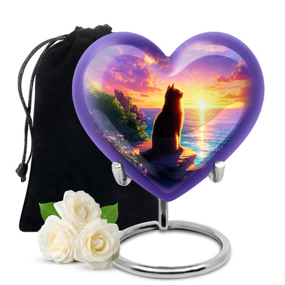 Peony Pink Cat Cremation Urn detail view - loving heart memorial featuring cat pattern - full-size 10 inch 200 cubic inch adult cremation urn
