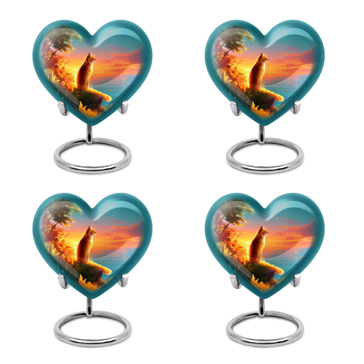 Cool Teal Cat Cremation Urn angled view of lid and engraved motif - loving heart memorial featuring cat pattern - 10 inch aluminum urn for cremated remains