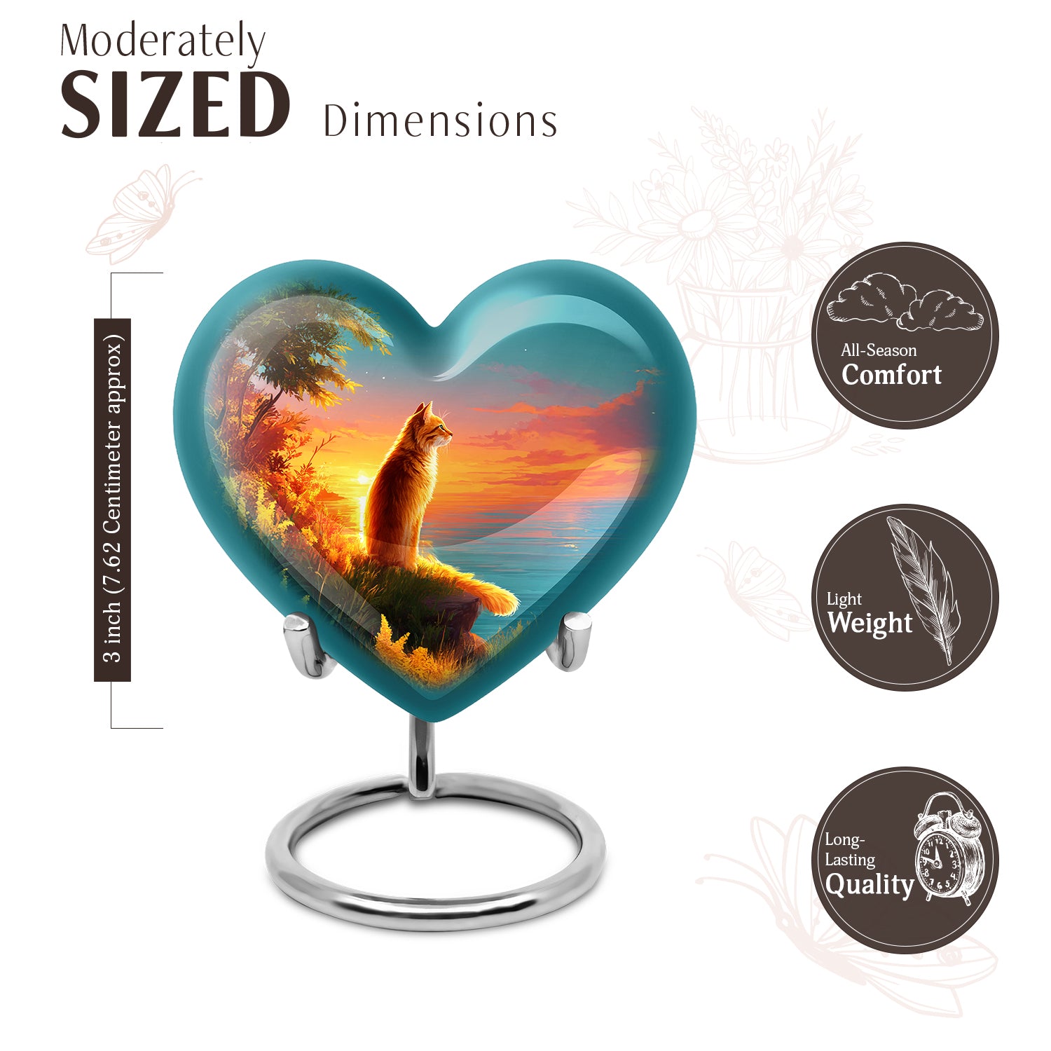 Soft Teal Cat Cremation Urn front view showing detailed design - heart-shaped cat design symbolizing eternal love - mini keepsake memorial for portion of cremation ashes