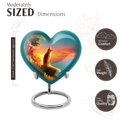 Soft Teal Cat Cremation Urn front view showing detailed design - heart-shaped cat design symbolizing eternal love - mini keepsake memorial for portion of cremation ashes